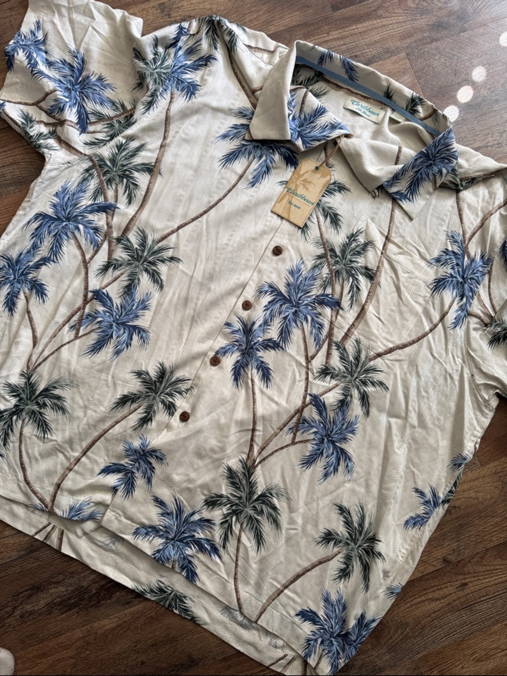Caribbean Men's Silk Blend Palm-Print Short-Sleeve Shirt - Blue Palm on Cream